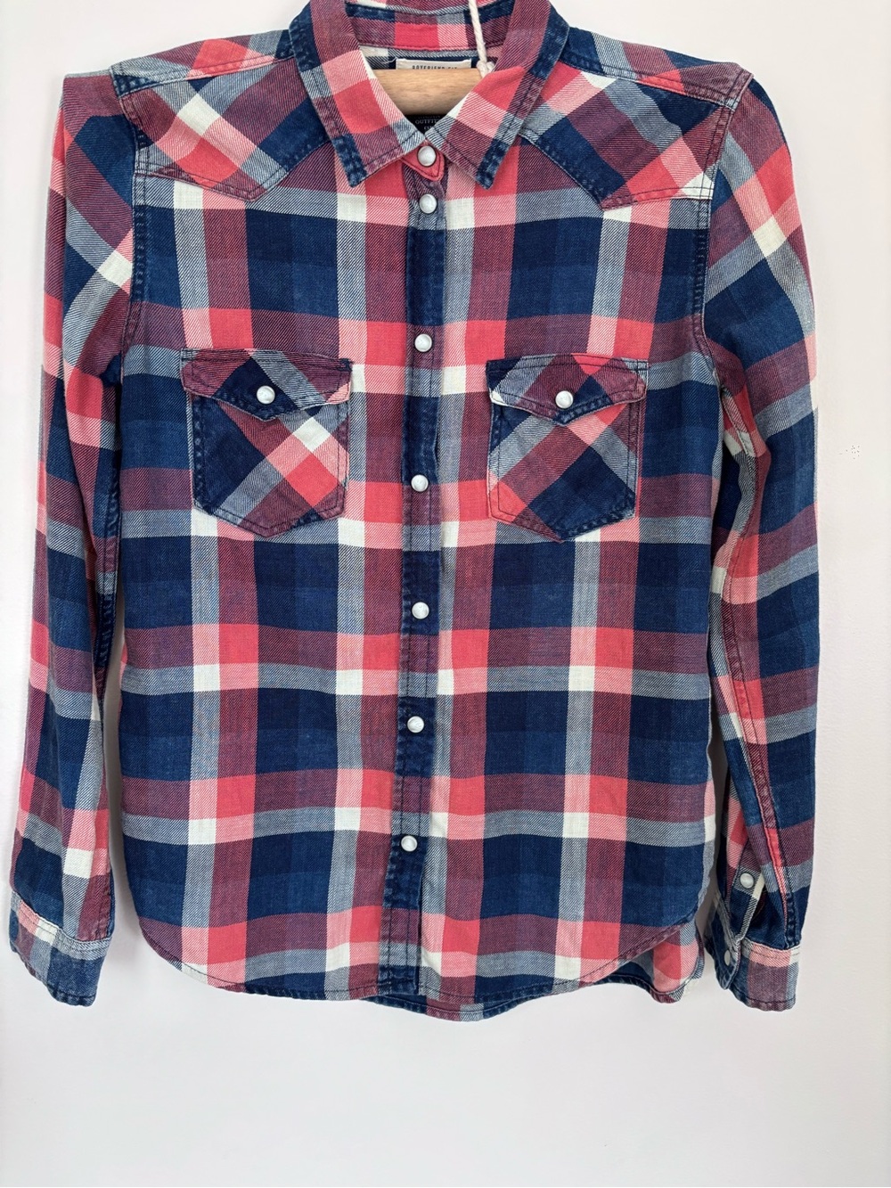 American Eagle Outfitters Pink & Navy Plaid Shirt | Extra Small | Western
